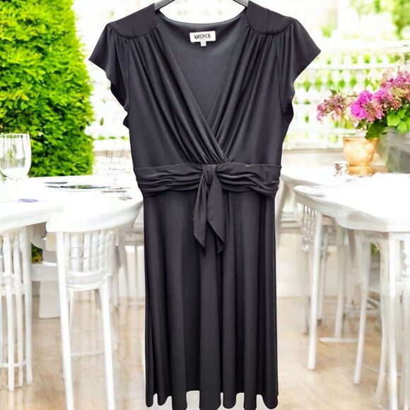 Kasper Fit and Flare Dress Womens 14 Black Ruched Waist Flutter Sleeves Stretch - Picture 1 of 10